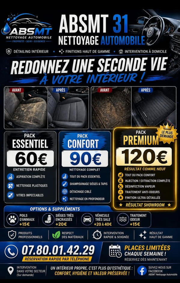 Avant / Après nettoyage intérieur Résultat réel d’un nettoyage complet intérieur automobile